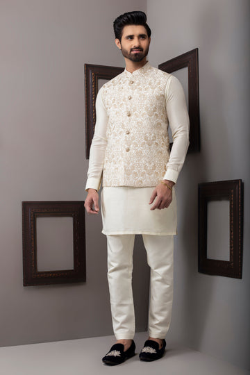 Beige Color Embroidered Waist Coat For Men